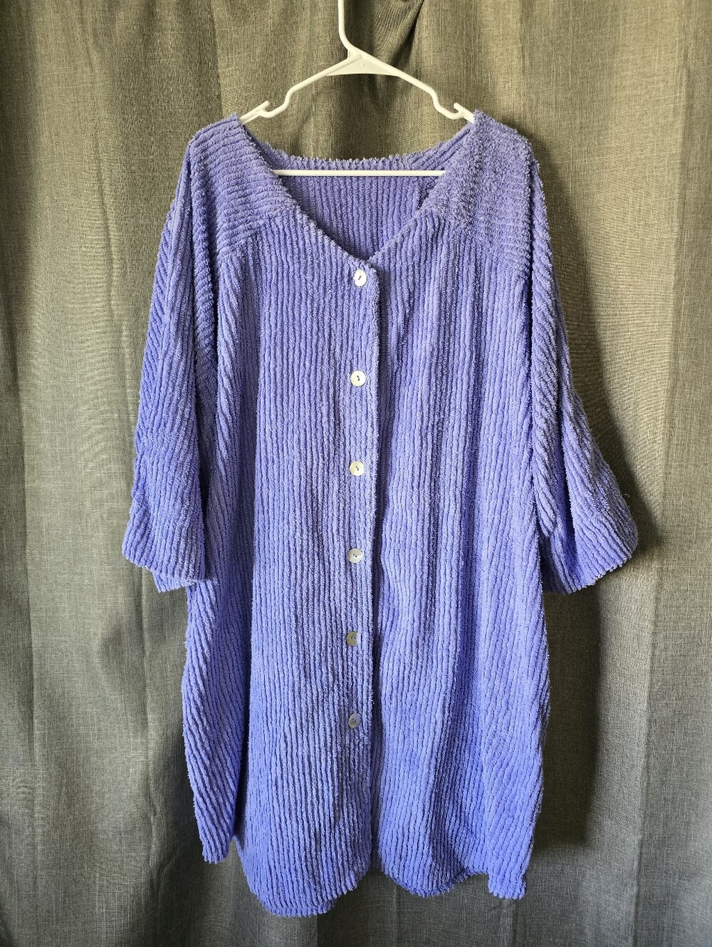 Cuddledown Ribbed Terry Cloth Button Nightgown V Neck Purple Size XL Pockets
